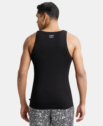 Back view of a Jockey US26 men's black sleeveless cotton vest