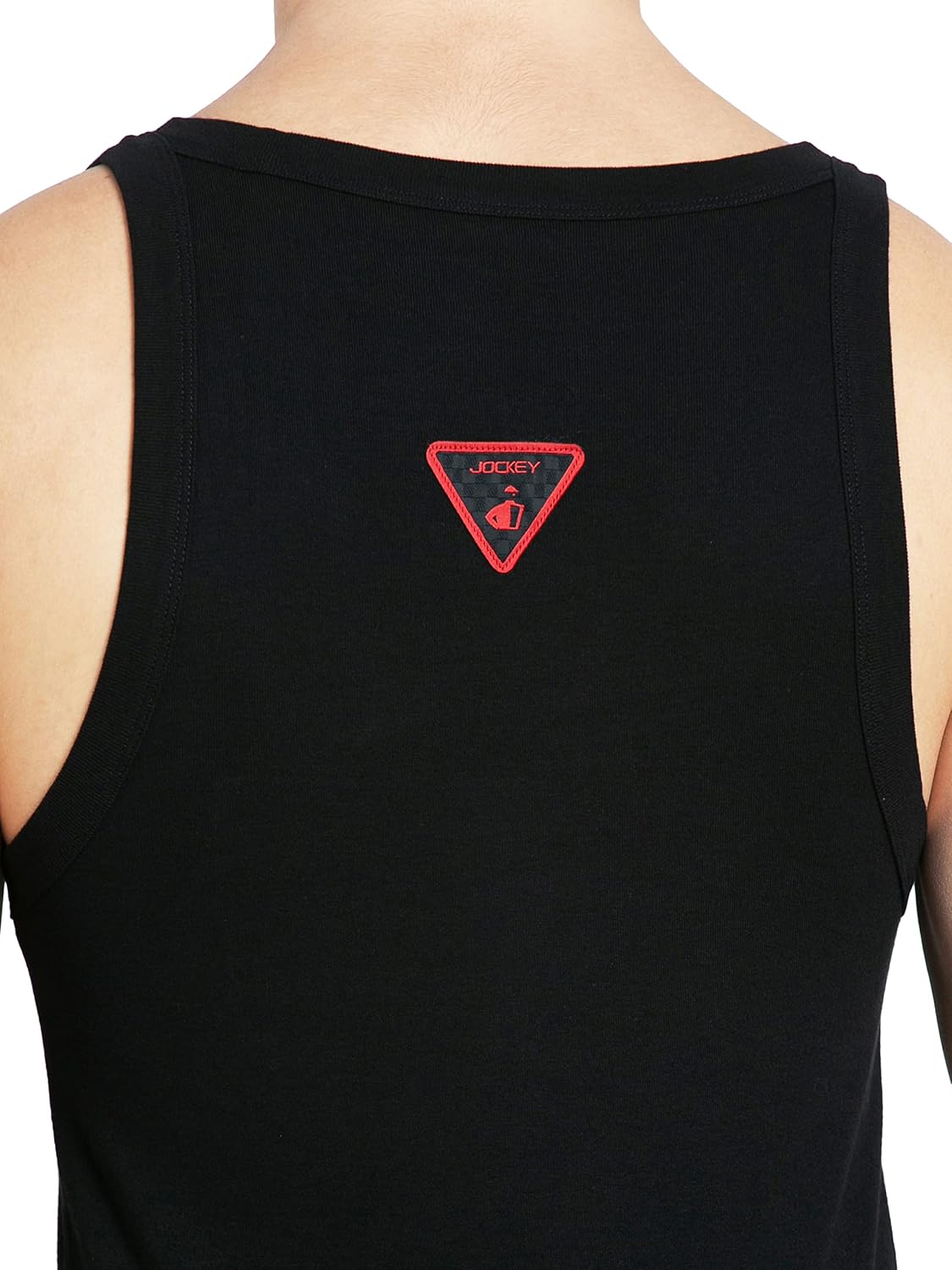 Jockey logo detail on the front of a black US26 sleeveless cotton vest