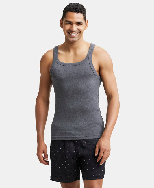 Jockey US26 men's sleeveless cotton vest in charcoal melange, worn by a model