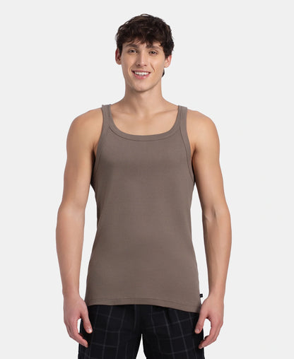 Jockey US26 men's sleeveless cotton vest in dark khaki, worn by a model