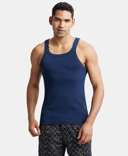 Jockey US26 men's sleeveless cotton vest in navy, worn by a model