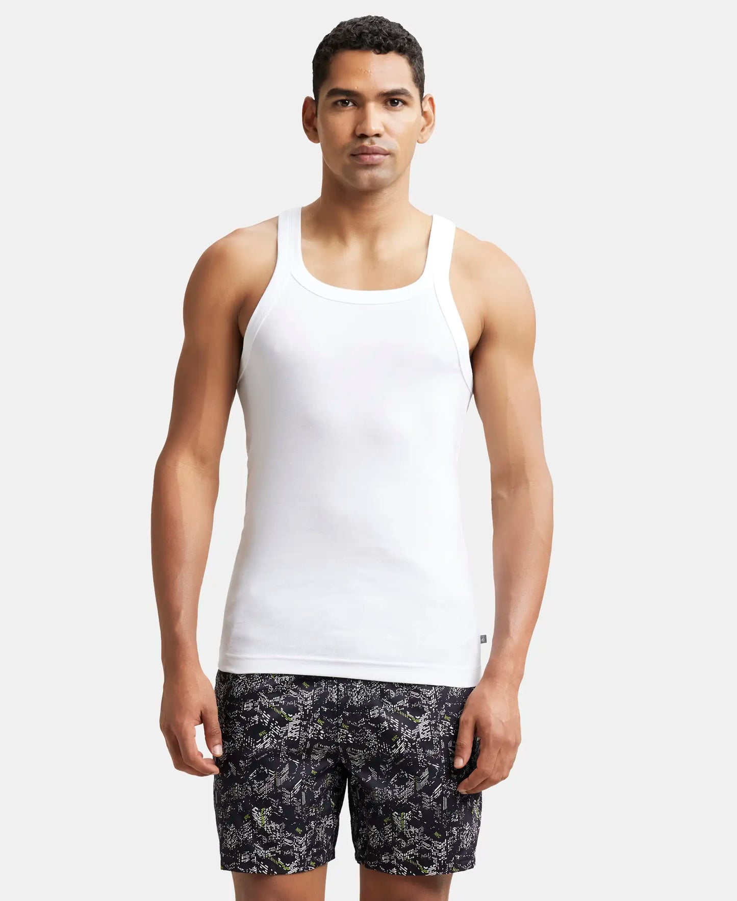 Jockey US26 men's sleeveless cotton vest in white, worn by a model