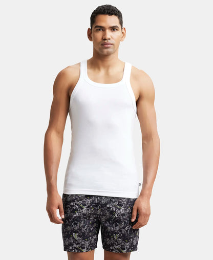 Jockey US26 men's sleeveless cotton vest in white, worn by a model