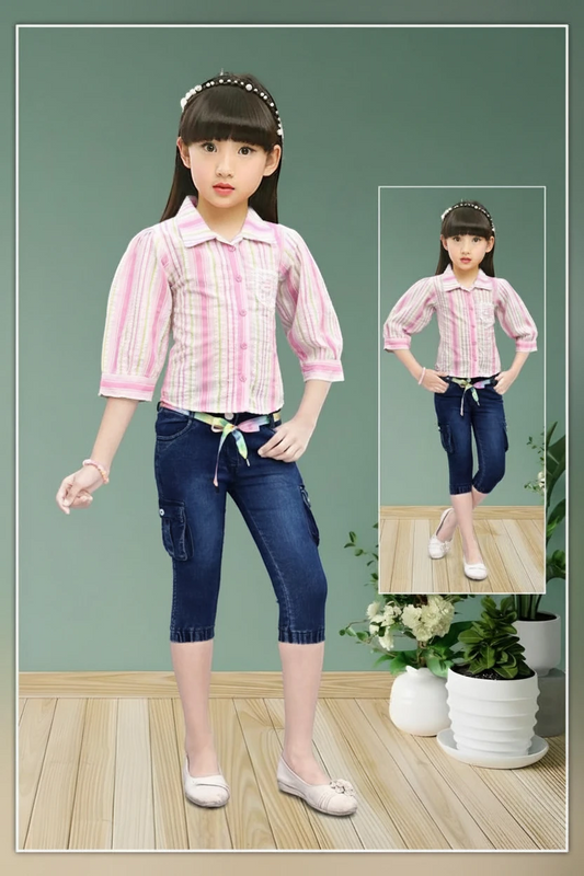 Girl in a pink striped top and denim capri, Mini Betti girls suit set