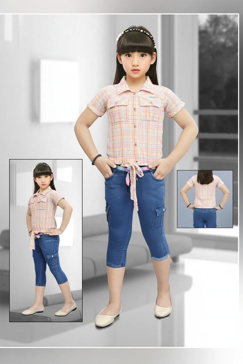 Girl in a peach checked tie-front top and denim capri, Mini Betti suit set