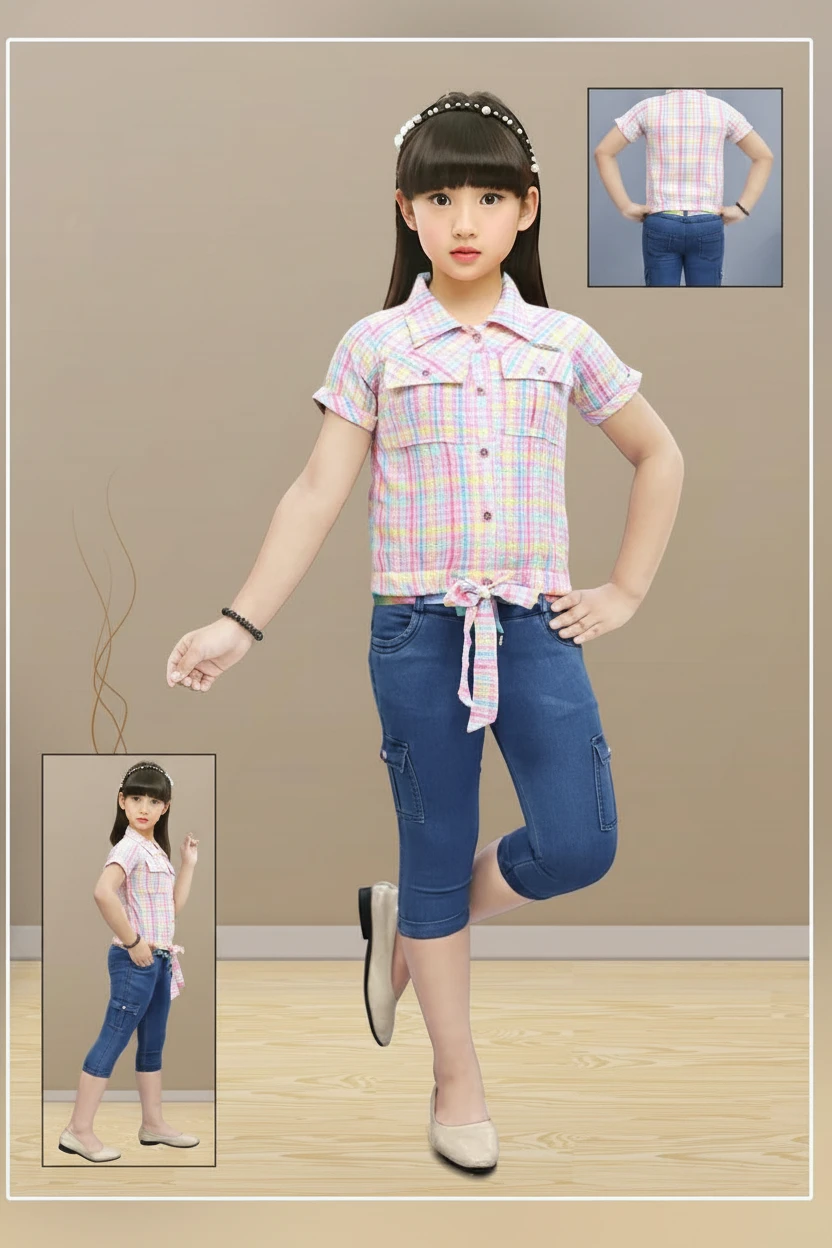 Girl in a pink checked tie-front top and denim capri, Mini Betti suit set