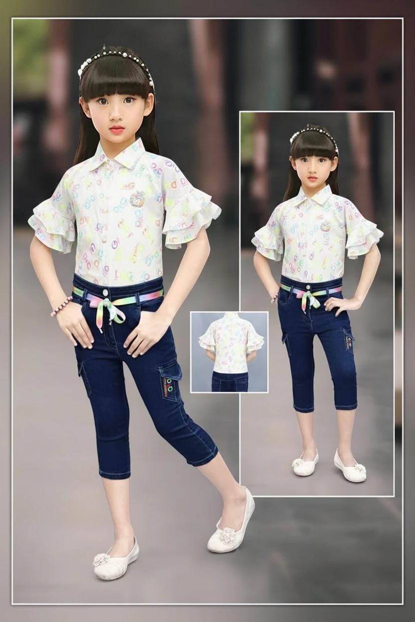Girl in a white floral ruffle top and denim capri, Mini Betti girls capri set