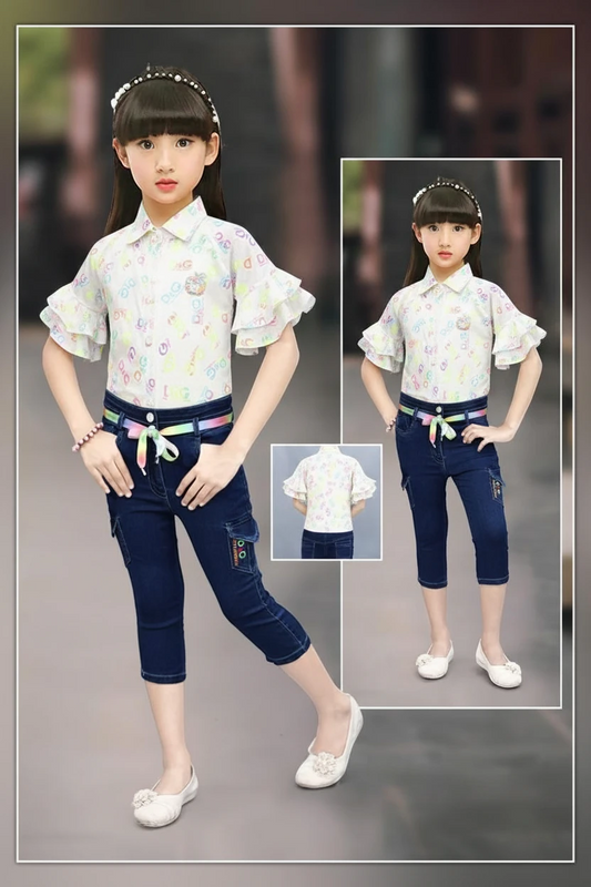 Girl in a white floral ruffle top and denim capri, Mini Betti girls capri set