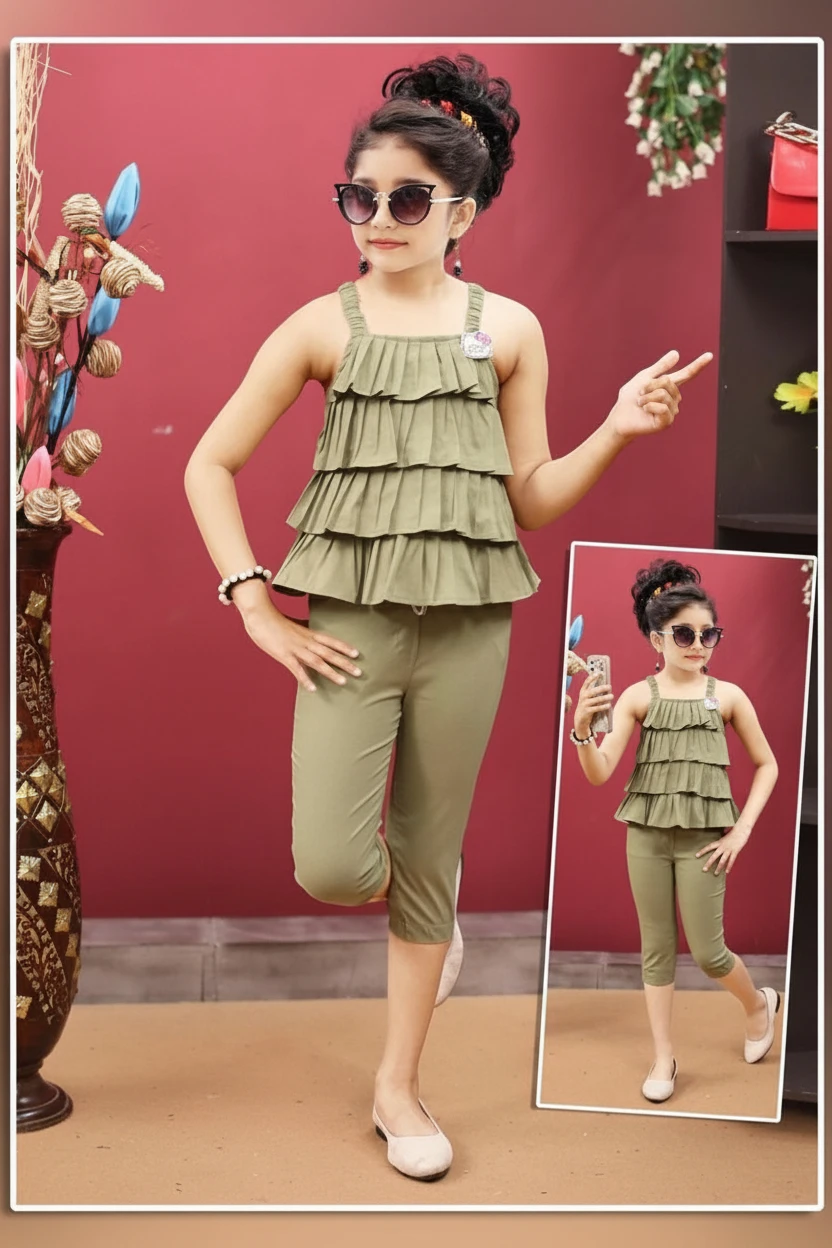 Girl in an olive tiered ruffle top and matching capri, Mini Betti girls set