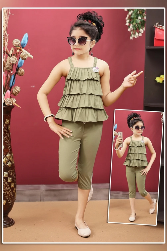 Girl in an olive tiered ruffle top and matching capri, Mini Betti girls set