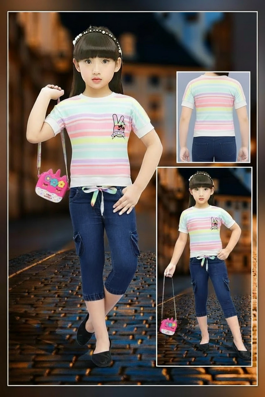 Girl in a pink pastel striped top and cargo capri, Mini Betti girls set