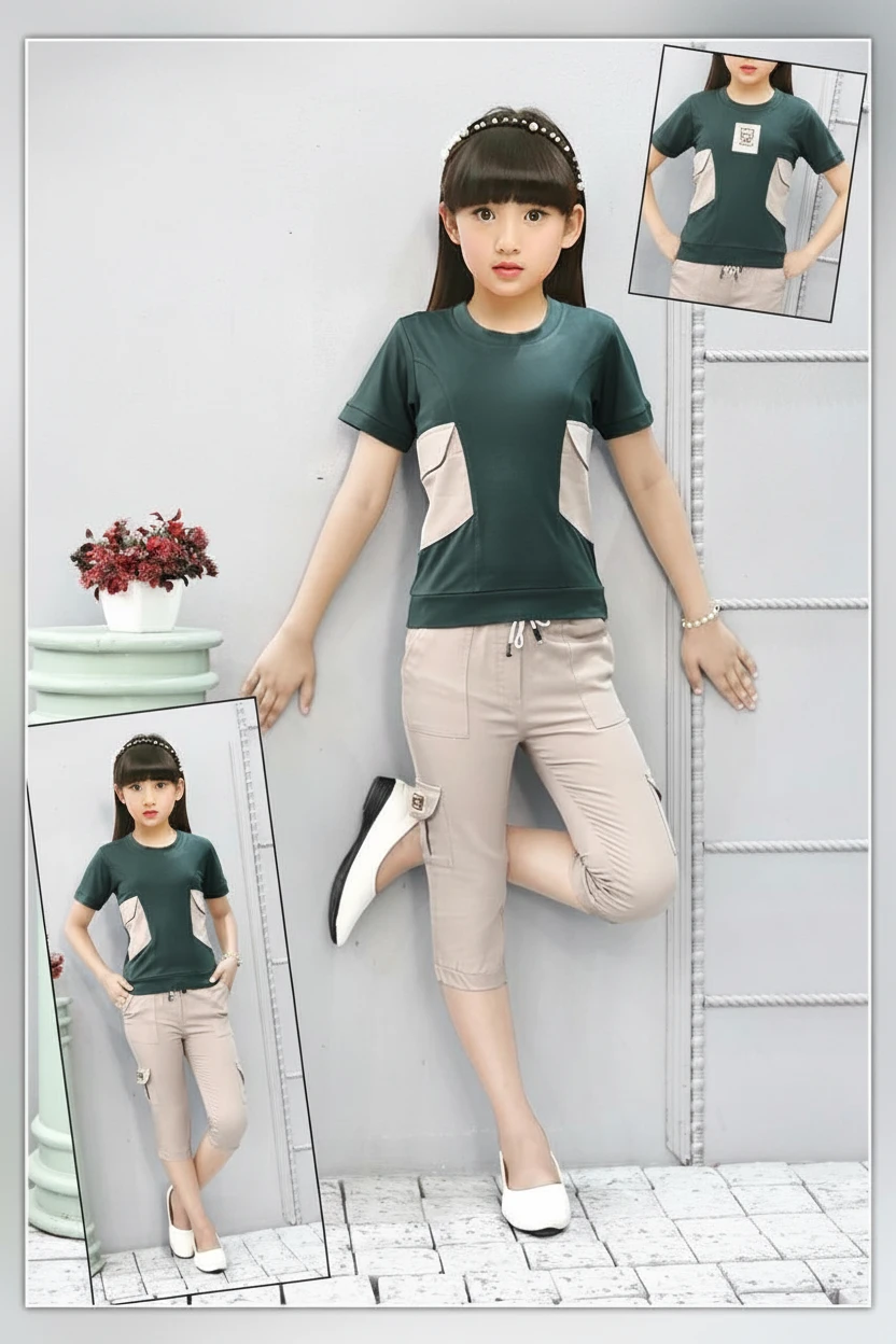 Girl in a green solid tee and cargo capri, Mini Betti girls co-ord set