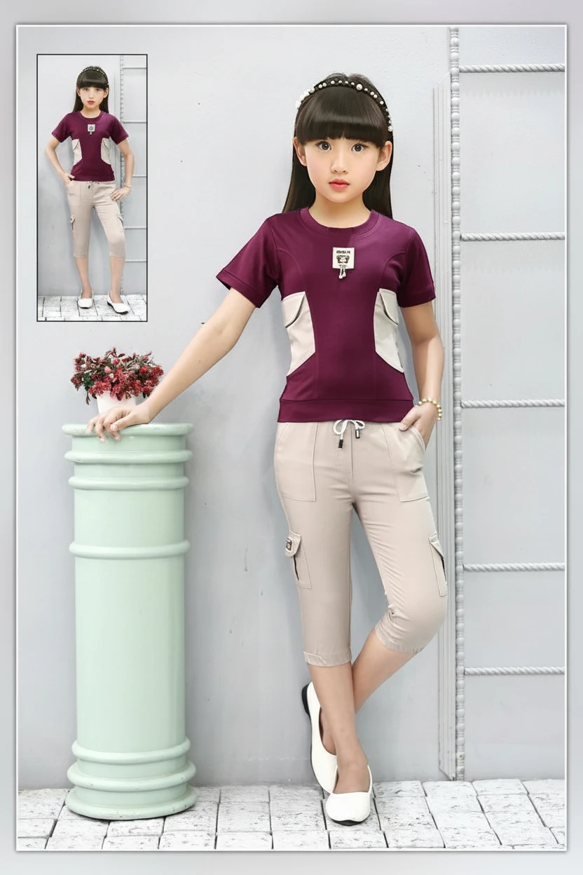 Girl in a wine solid tee and cargo capri, Mini Betti girls co-ord set