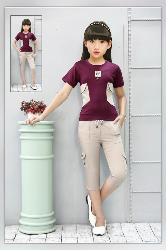 Girl in a wine solid tee and cargo capri, Mini Betti girls co-ord set
