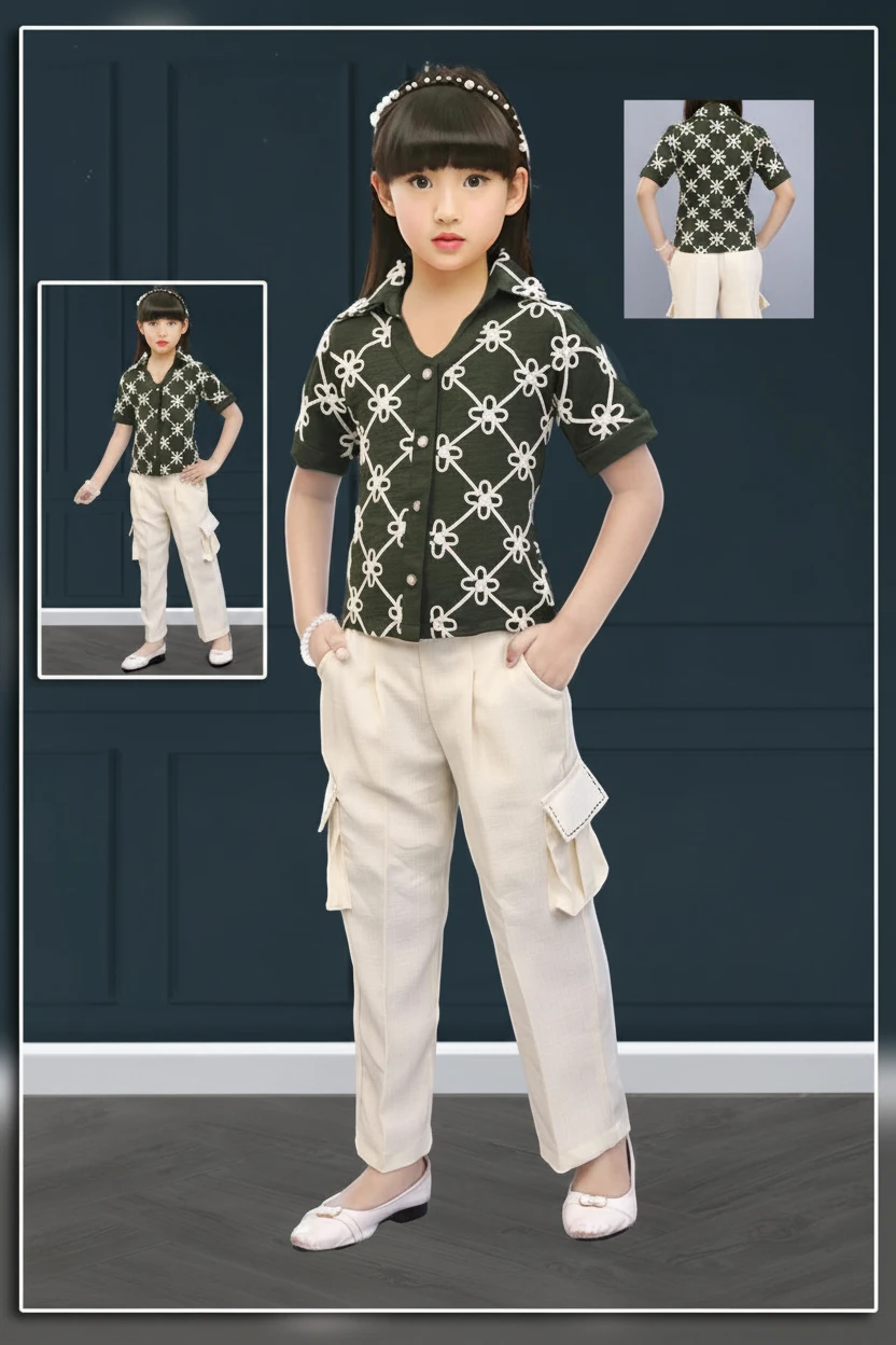 Girl in a green embroidered shirt and cargo pant set by Mini Betti