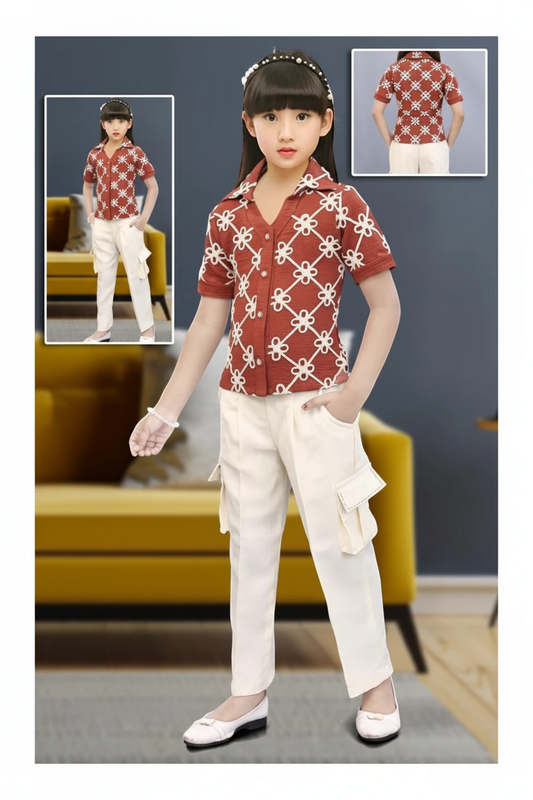 Girl in a rust embroidered shirt and cargo pant set by Mini Betti