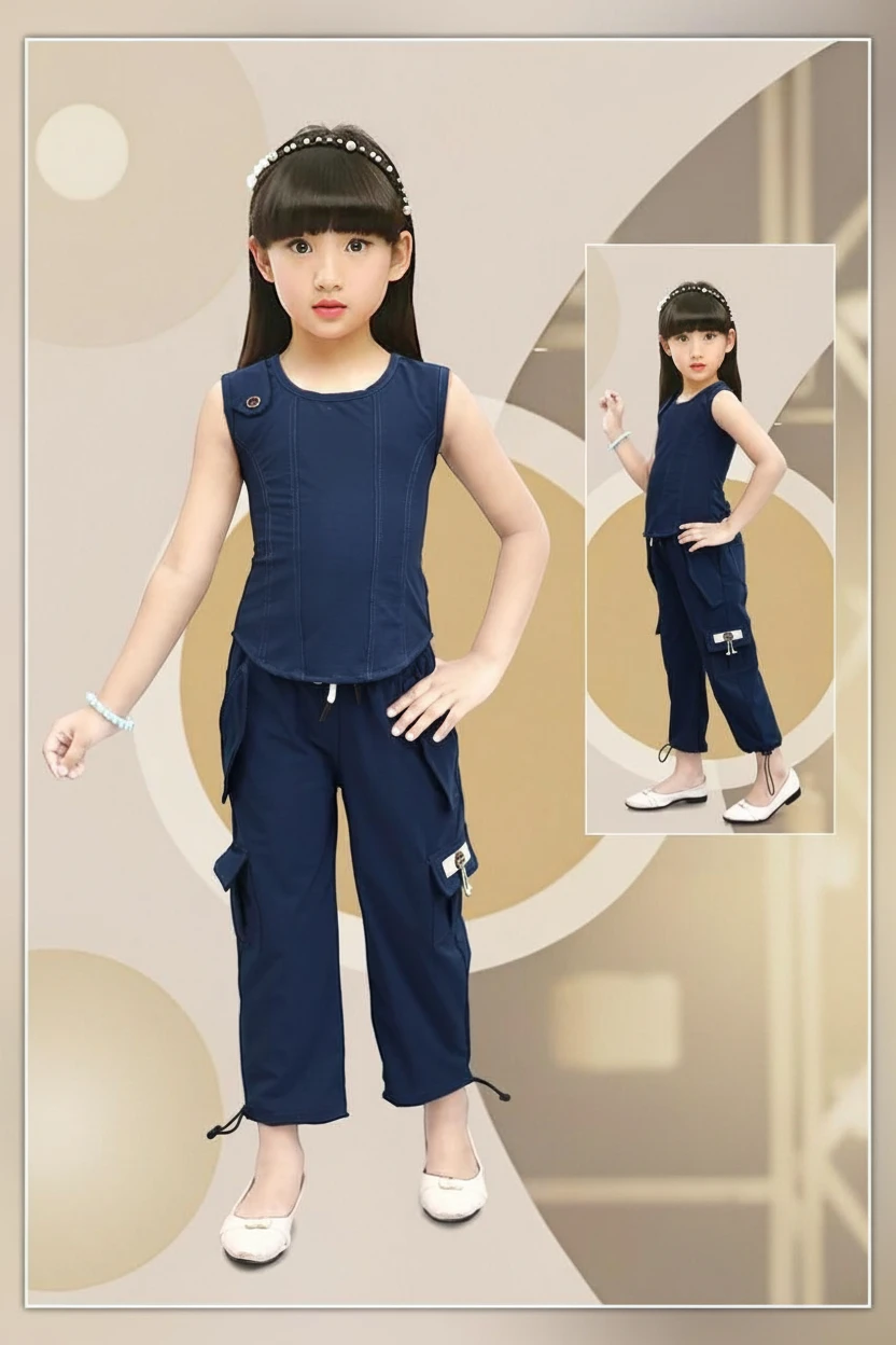 Girl in a blue sleeveless top and cargo jogger, Mini Betti girls co-ord set