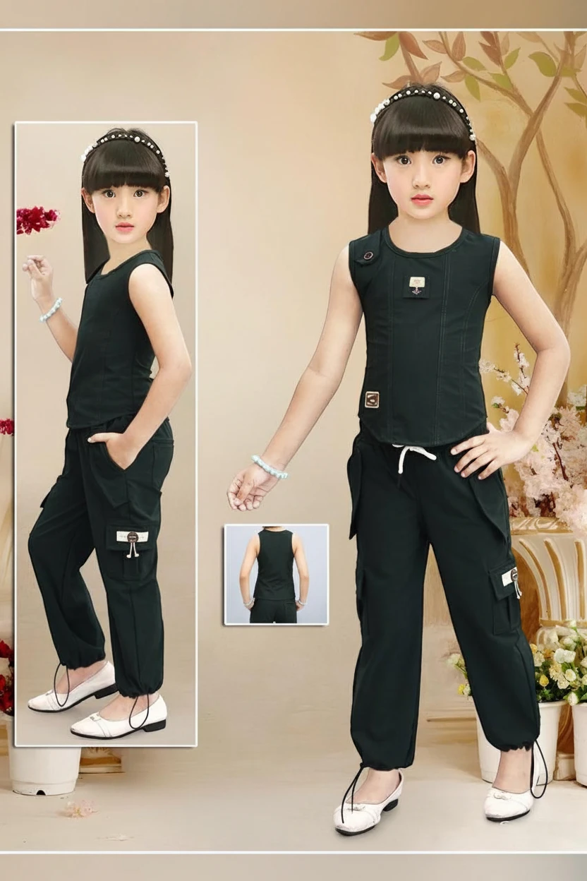 Girl in a green sleeveless top and cargo jogger, Mini Betti girls co-ord set