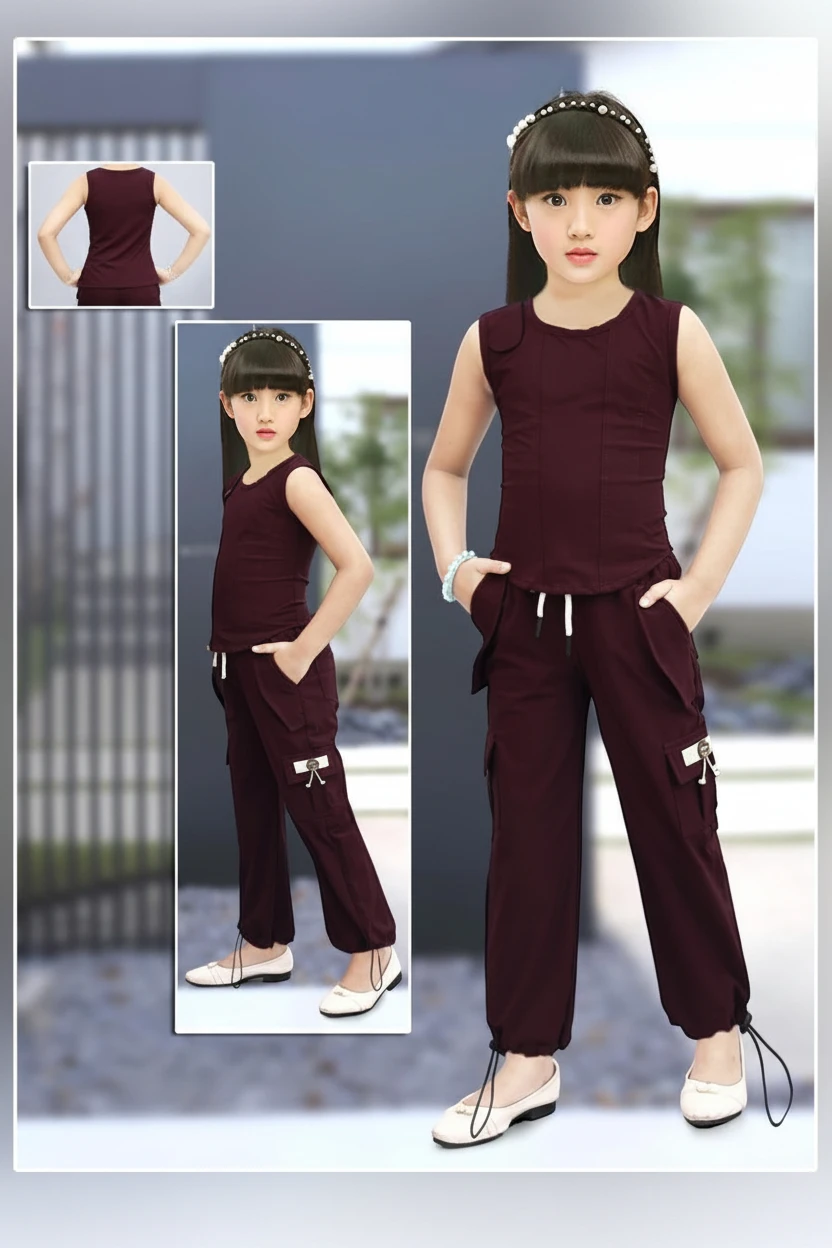 Girl in a maroon sleeveless top and cargo jogger, Mini Betti girls co-ord set