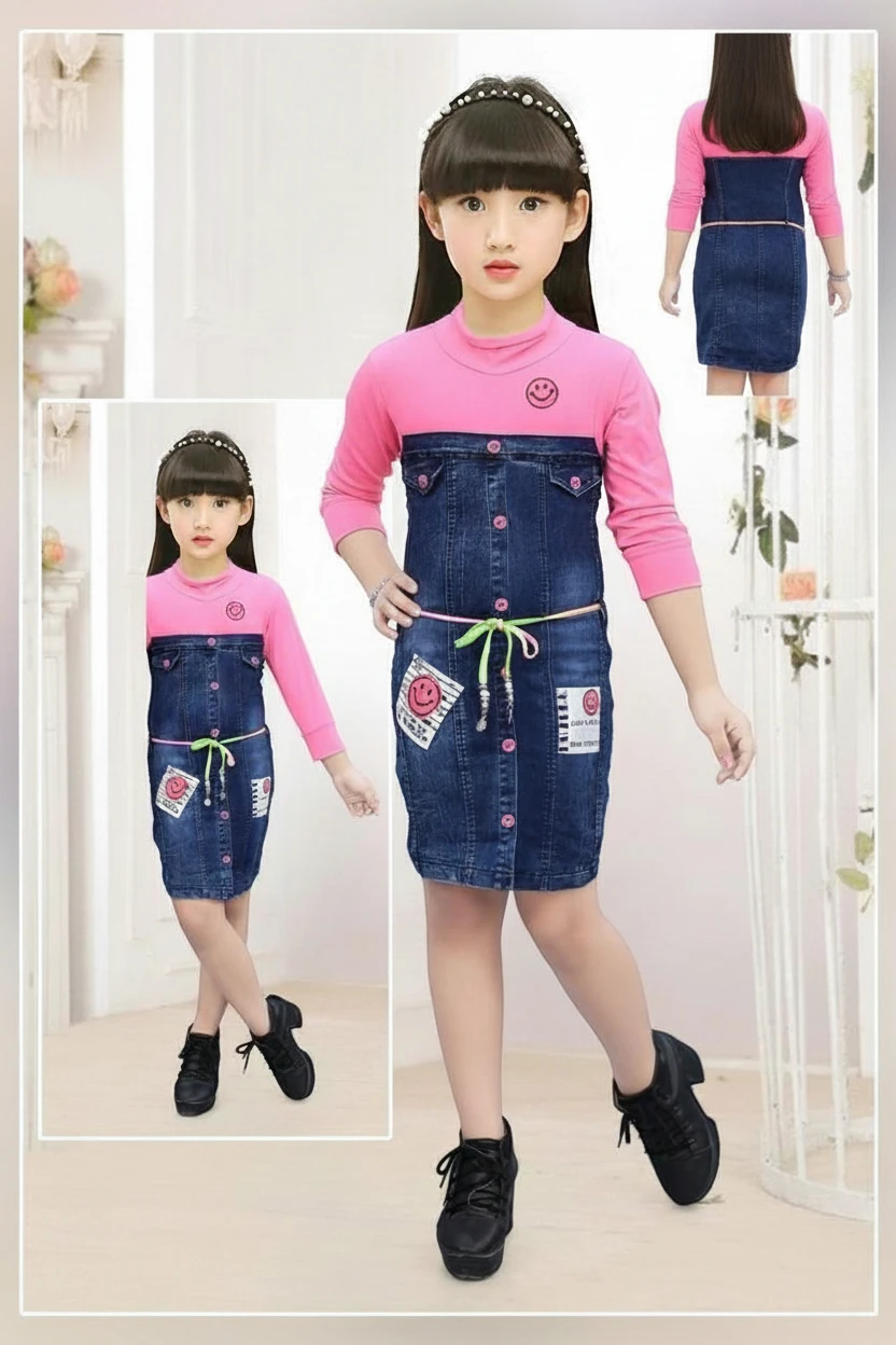 Girl in a pink knit top with denim bodice middy dress by Mini Betti