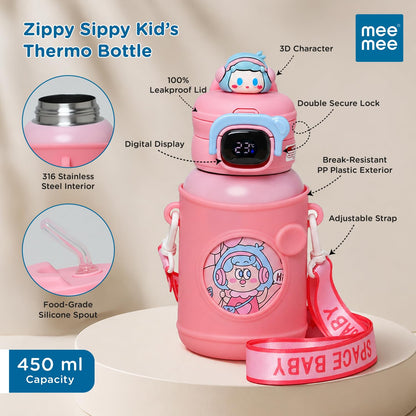 Labelled features of the Mee Mee Zippy kids thermo bottle