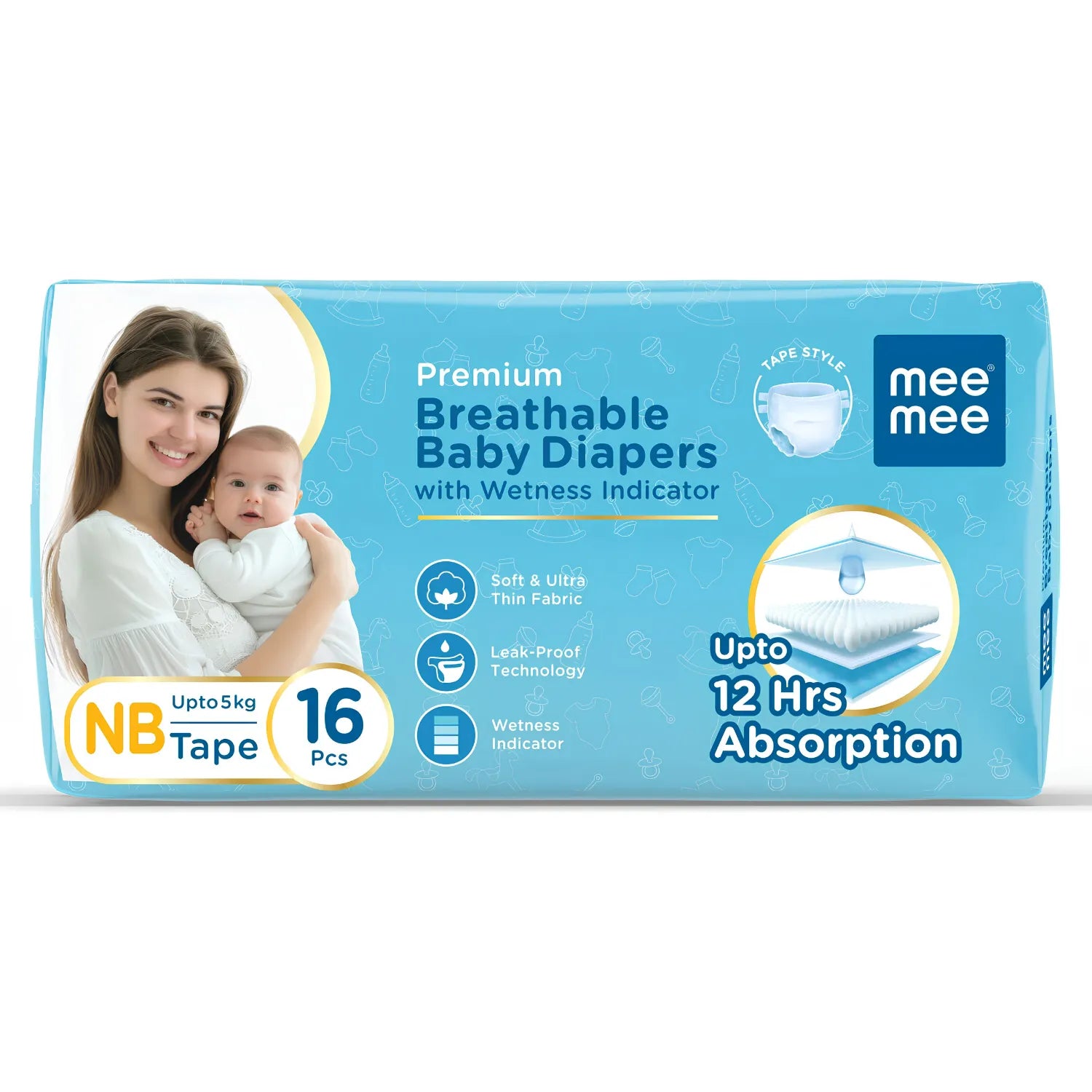 Mee Mee premium breathable baby diapers pack of 16 with five-layer absorption
