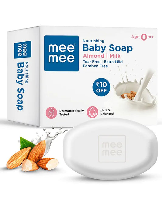 Mee Mee almond milk nourishing baby soap, 75 g bar shown beside its carton